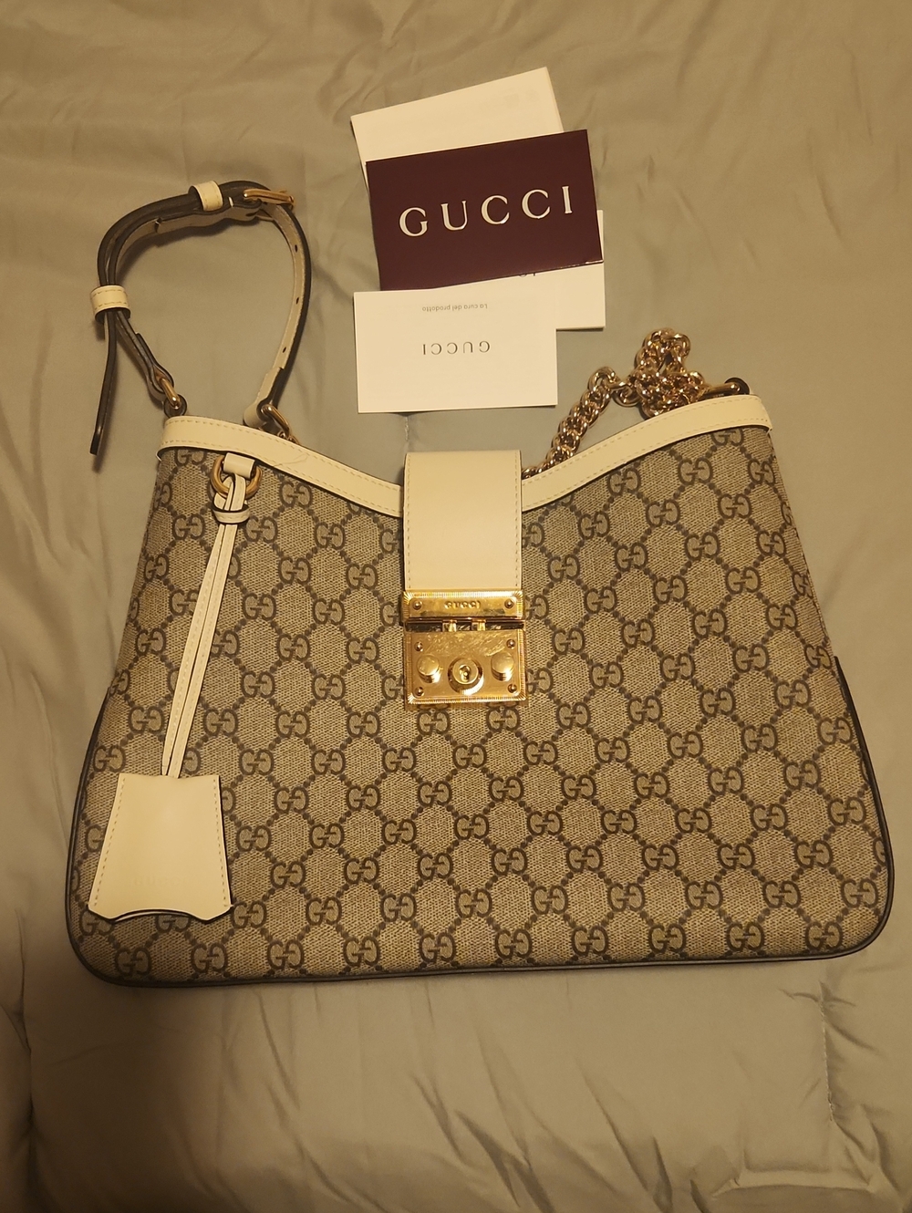 Gucci Beige GG Supreme Canvas Shoulder Bag with Cream Trim